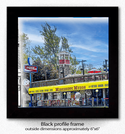 Mississippi Mudds Coaster - Ceramic Coaster | Protective, Durable featuring a vivid image of the Mississippi Mudds restaurant in Lockport, NY with a black profile frame. Ideal for Buffalo & WNY decor in kitchen or barware settings.