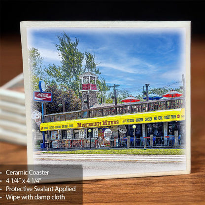 Mississippi Mudds Coaster - Ceramic Coaster | Protective, Durable featuring a vibrant image of the iconic Mississippi Mudds restaurant in Lockport, NY. Ideal for protecting surfaces with a cork backing and sealed finish.