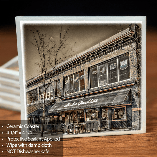 Mister Goodbar ceramic coaster featuring a historic Buffalo bar photo by Jman Photography. Protective sealant and cork backing for durability.