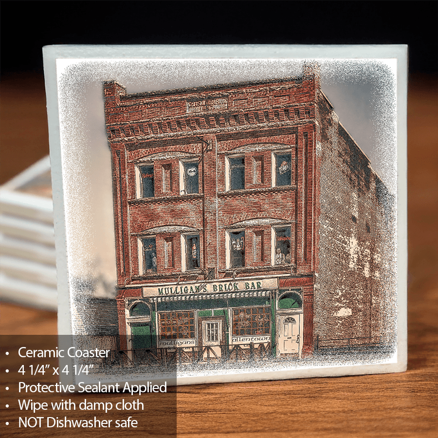 Mulligans Ceramic Coaster featuring a vintage image of Mulligan's Brick Bar in Buffalo, NY. Unique home decor item with sealant coating and cork backing.