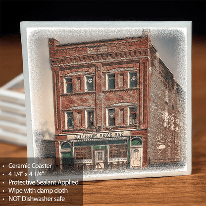 Mulligans Ceramic Coaster featuring a vintage image of Mulligan's Brick Bar in Buffalo, NY. Unique home decor item with sealant coating and cork backing.