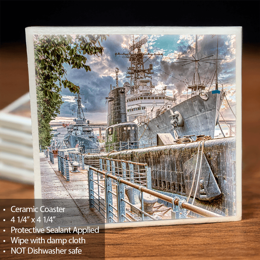 Naval & Military Park Coaster - Ceramic Coaster with cork backing featuring a vivid photo of historic naval ships docked in Buffalo, NY.