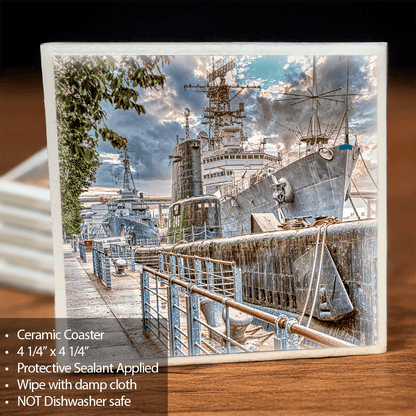 Naval & Military Park Coaster - Ceramic Coaster with cork backing featuring a vivid photo of historic naval ships docked in Buffalo, NY.