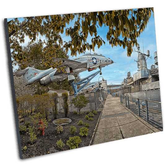 Angled view of Naval Warriors - USS The Sullivans photo print with jet and ship at Buffalo Naval Park. Perfect for nostalgic and historical wall art.