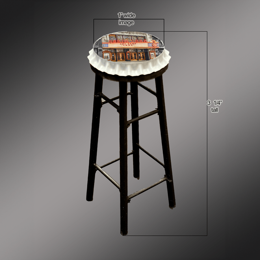 North Park Theatre bar stool with a bottle cap seat featuring a vivid image of the theater, combining fun seating with a durable, unique design.