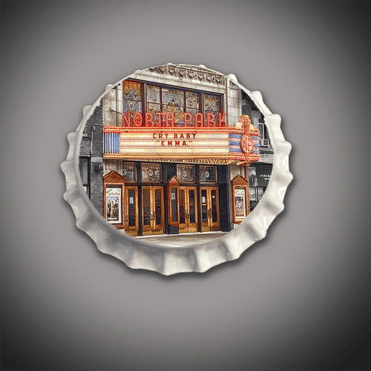 North Park Theatre Bar Stool - Mini Bottle Cap features a vintage theater facade printed on a round metal seat. Adds rustic charm to home bars.