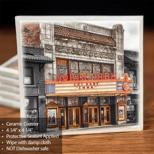 Ceramic Coaster - North Park Theatre design with vibrant marquee, protective sealant, and cork backing. Ideal for Buffalo architecture lovers.