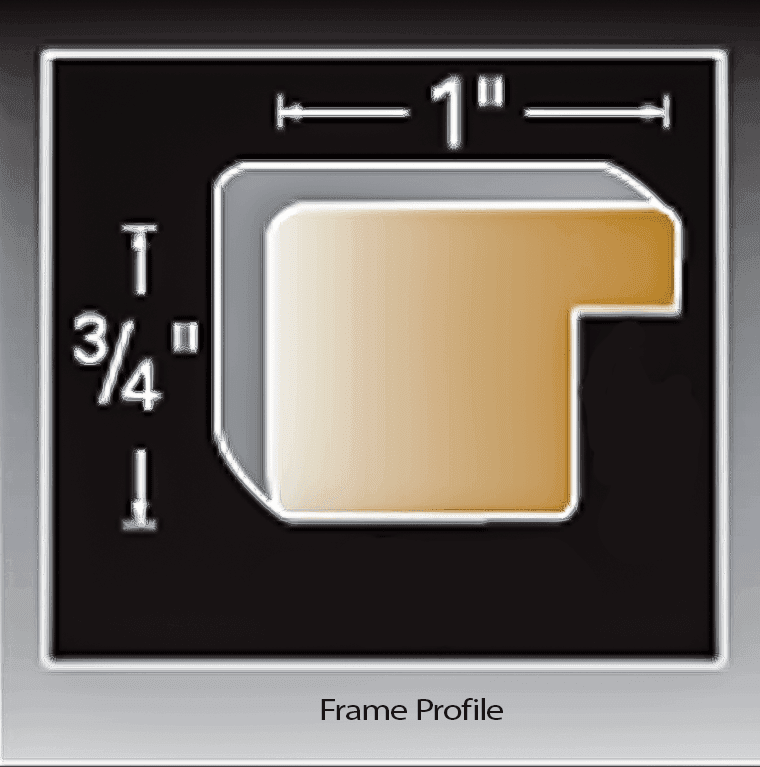 Frame profile diagram showing a 1-inch width and 3/4-inch depth with a modern L-shaped design in gradient gold and silver tones.