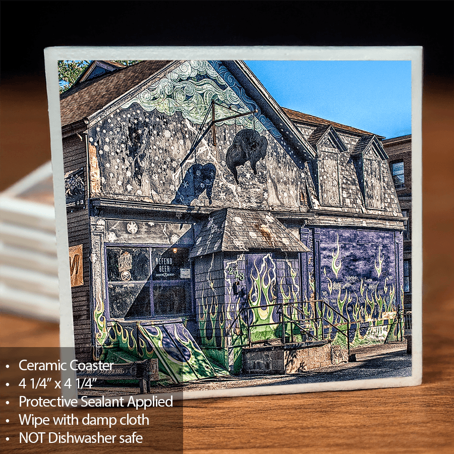 Old Pink Ceramic Coaster featuring Buffalo NY landmark with vivid mural, cork back, and protective sealant. Ideal for home bar or kitchen decor.