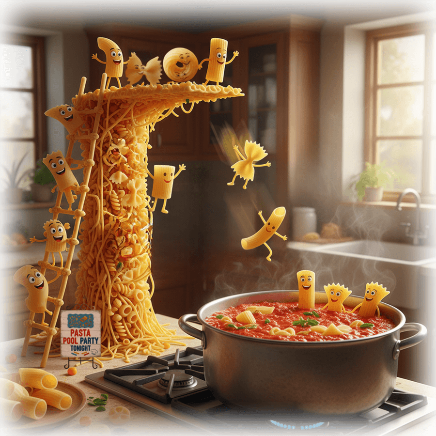 Funny Ceramic Wall Art - Pasta Pool Party by JMan Photography features animated pasta diving into a pot of red sauce in a kitchen setting. Humorous ceramic print perfect for kitchen decor.