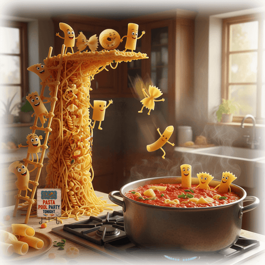 Funny Ceramic Wall Art - Pasta Pool Party by JMan Photography features animated pasta diving into a pot of red sauce in a kitchen setting. Humorous ceramic print perfect for kitchen decor.