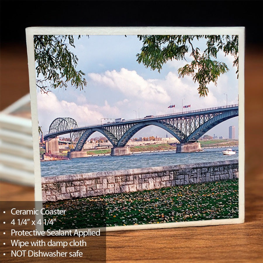 Peace Bridge Coaster - Ceramic | Cork Backed, Sealed featuring a vivid photo of Buffalo’s Peace Bridge with protective sealant and 4.25-inch square size.
