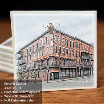 Ceramic Coaster Pearl Street Grill features a detailed image of the historic Buffalo landmark with cork backing and protective sealant for scratch-free use.
