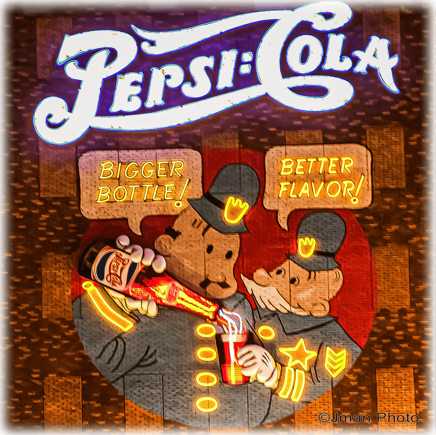 Pepsi Cola ceramic wall tile/coaster featuring vintage cartoon policemen with neon-style accents, ideal for retro kitchen wall art or drink coaster.