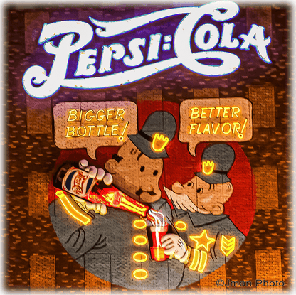 Pepsi Cola ceramic wall tile/coaster featuring vintage cartoon policemen with neon-style accents, ideal for retro kitchen wall art or drink coaster.