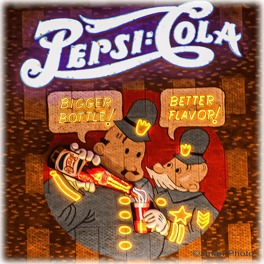 Pepsi Cola ceramic wall tile/coaster featuring vintage cartoon policemen with neon-style accents, ideal for retro kitchen wall art or drink coaster.