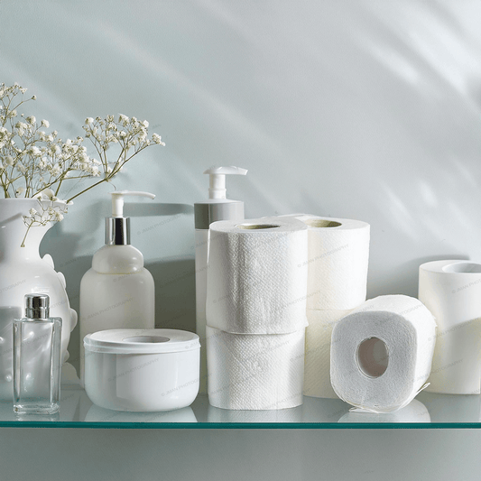 Close-up of porcelain-themed bathroom wall art with toilet paper, lotion bottles, and flowers. Unique decor accent for stylish bathroom spaces.