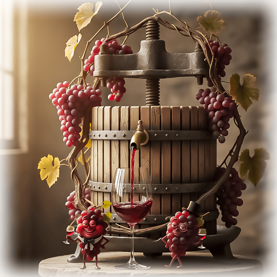 Red wine ceramic wall art featuring a vintage wine press with grapes and wine glass, ideal kitchen trivet and decor for wine lovers.