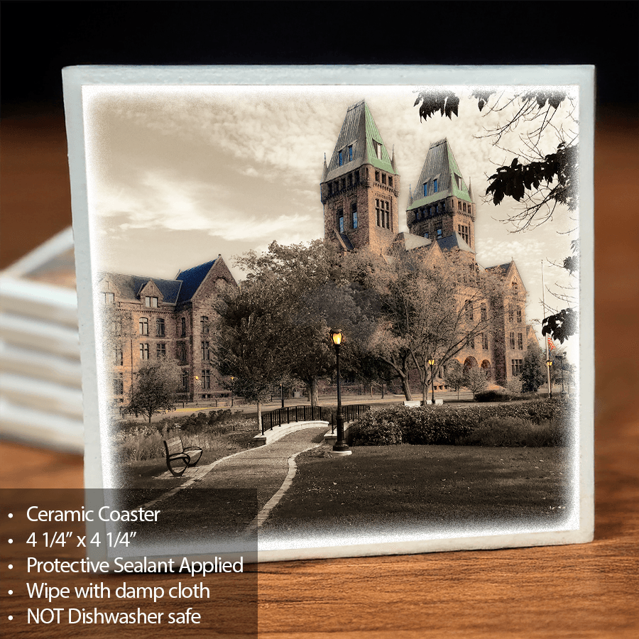 Ceramic Coaster - Richardson Complex | 4x4 Cork Backed featuring a historic Buffalo landmark with protective sealant, ideal for home barware decor.