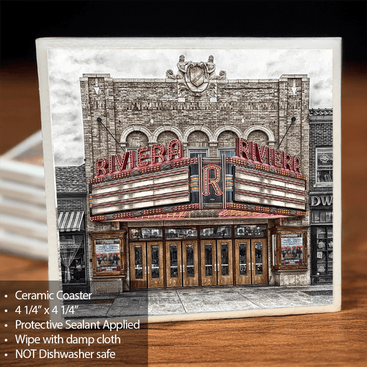 Riviera Theatre Ceramic Coaster featuring a vivid image of the historic marquee with cork backing, perfect for Buffalo-themed home decor.