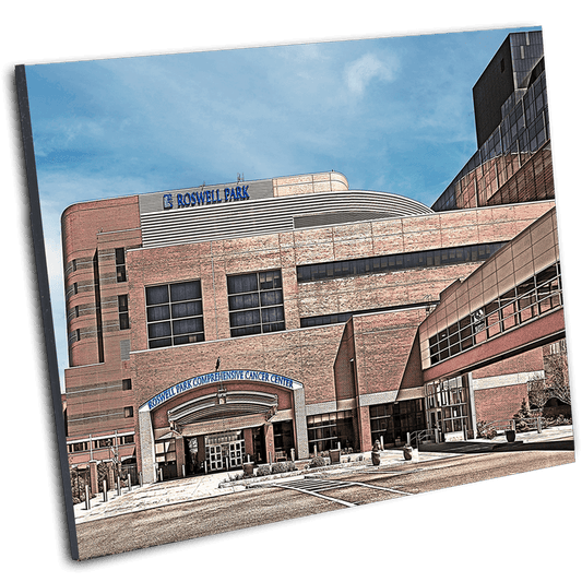 Angled view of Roswell Park Cancer Center photo print, highlighting Buffalo landmark architecture in a mounted wall art format.