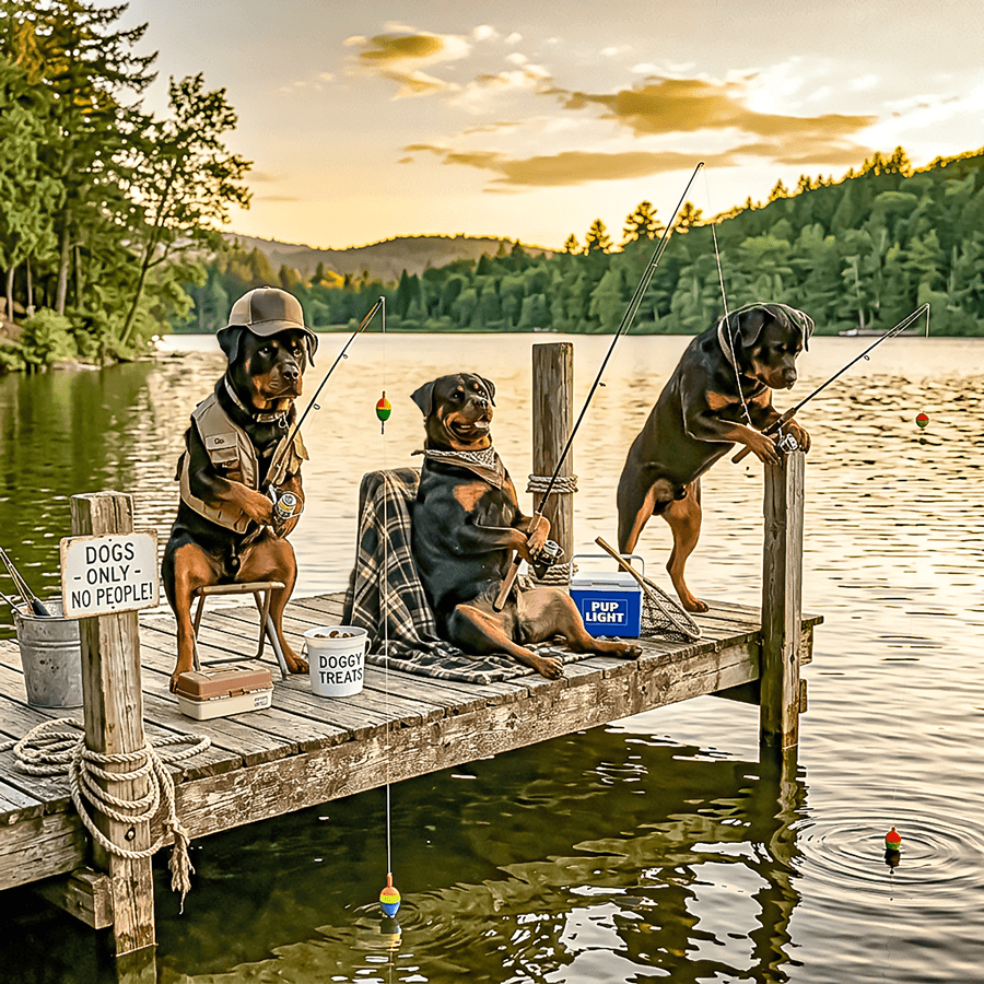 Rottweilers Fishing- Funny  Art:Ceramic Coaster, Ceramic Wall TIle, Ceramic Trivet, Print