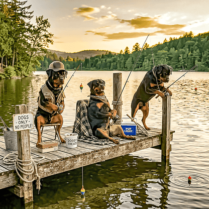Rottweilers Fishing- Funny  Art:Ceramic Coaster, Ceramic Wall TIle, Ceramic Trivet, Print