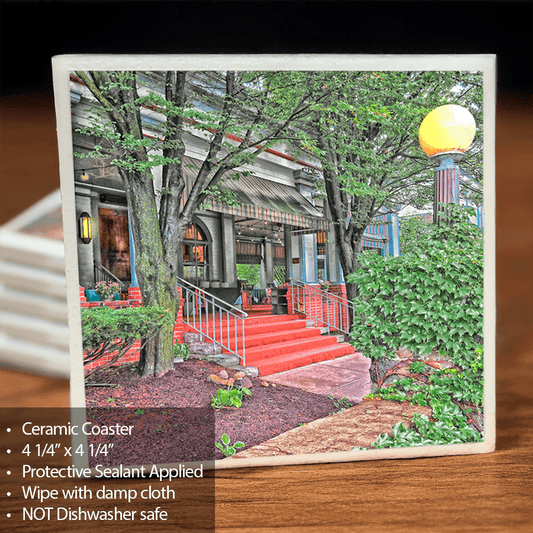 Roycroft Inn Ceramic Coaster featuring East Aurora landmark with red steps and trees, 4.25x4.25 inches, scratch-safe cork backing.