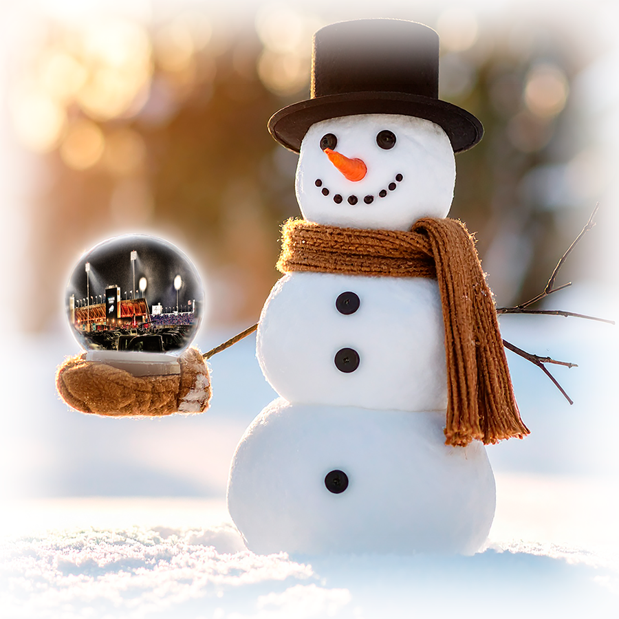 Buffalo Bills Stadium Snowman Coaster featuring a ceramic snowman holding a snow globe with Highmark Stadium, ideal for protecting surfaces in style.