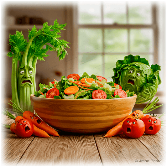 Funny Kitchen Wall Art - Salad Bowl Tile features animated vegetables with shocked faces around a wooden salad bowl, perfect for humorous kitchen decor.