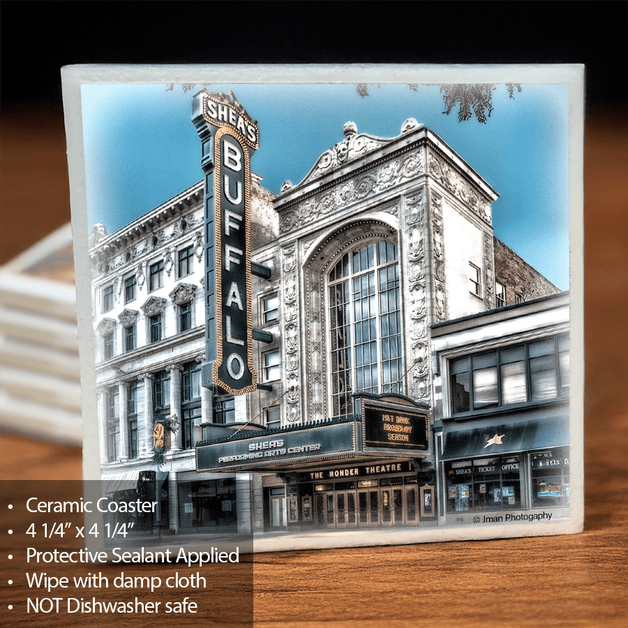 Shea's Theatre Ceramic Coaster featuring Buffalo landmark with protective sealant and cork backing, ideal for barware and home decor.