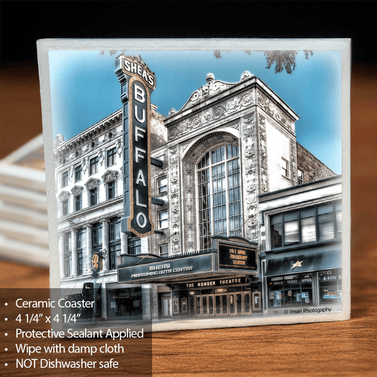Shea's Theatre Ceramic Coaster featuring Buffalo landmark with protective sealant and cork backing, ideal for barware and home decor.