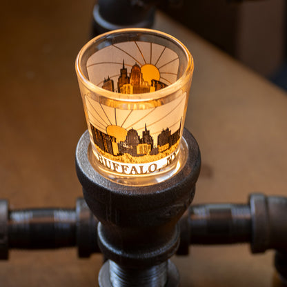 Steampunk lamp, Clear Glass Insulator, LED Lit shot glass, City Hall Photo