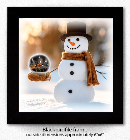 Buffalo Bills Stadium Snowman Coaster features a ceramic snowman holding a snow globe with Highmark Stadium, framed in a 6x6 black profile frame. Ideal for protecting surfaces while showcasing Buffalo landmarks in your home bar or kitchen.