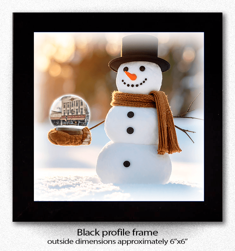 Ceramic Snowman Globe Coaster - Vidler's features a smiling snowman holding a globe with Vidler's storefront image, framed in black, 6x6 inches.