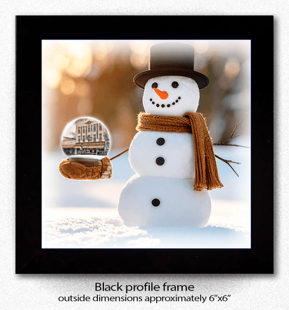 Ceramic Snowman Globe Coaster - Vidler's features a smiling snowman holding a globe with Vidler's storefront image, framed in black, 6x6 inches.