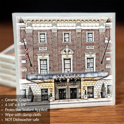 Statler Entrance Ceramic Coaster - Unique Design | 4" x 4" featuring a detailed image of the historic Statler Hotel entrance with protective coating.