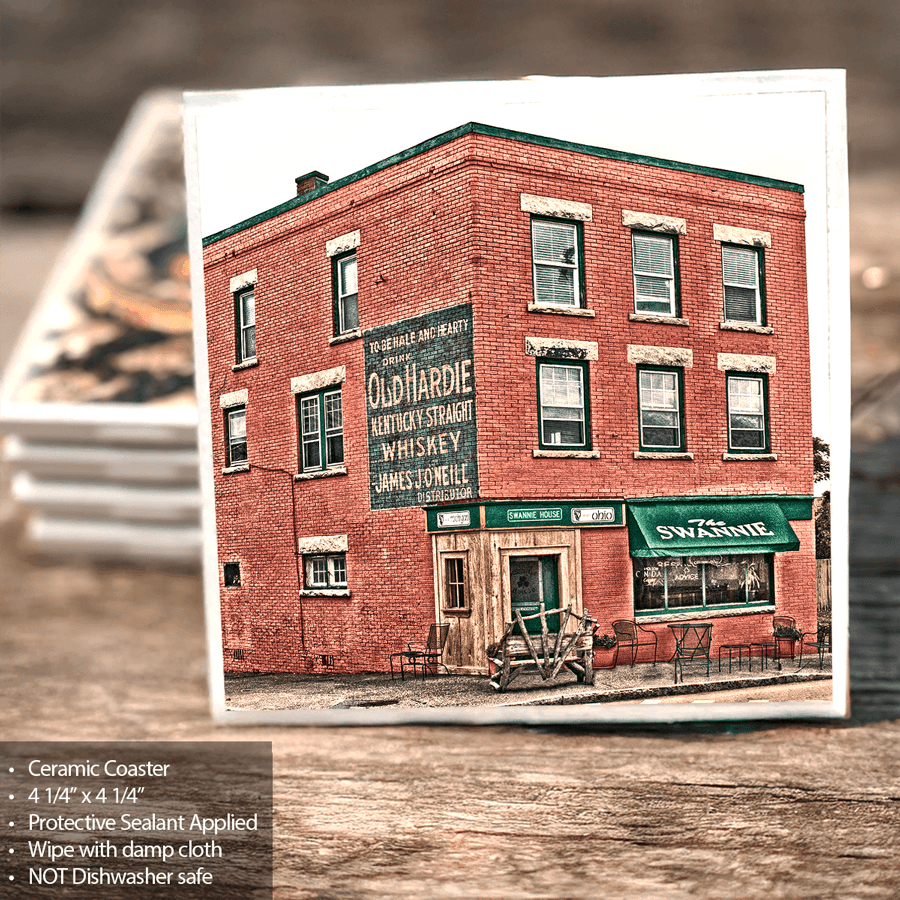 Swannie House ceramic coaster with historic Buffalo tavern image, sealed for protection and ideal for home or bar decor.