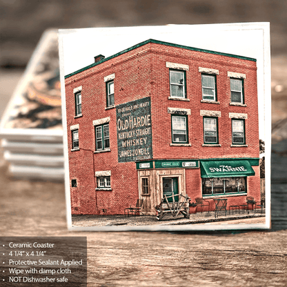 Swannie House ceramic coaster with historic Buffalo tavern image, sealed for protection and ideal for home or bar decor.