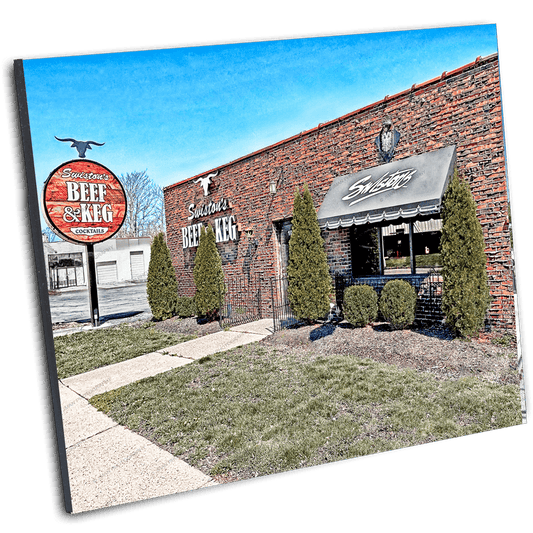 Framed photo print of Swiston's Beef & Keg in Tonawanda, showcasing vintage Buffalo charm and iconic Beef on Weck signage.