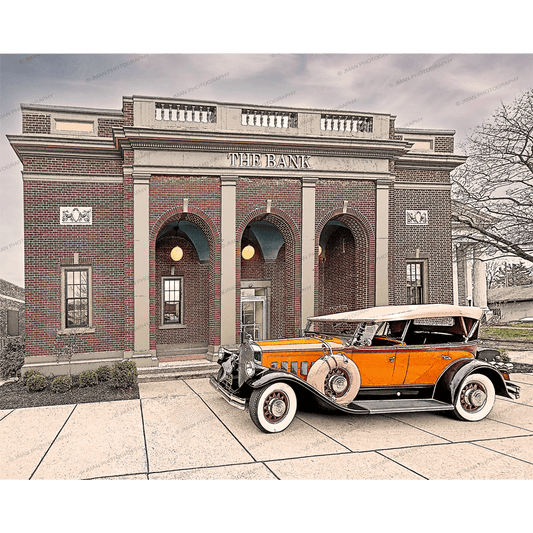 The Bank ceramic coaster showcases a detailed photo of a vintage car parked outside a classic brick bank, ideal for Buffalo architecture lovers.