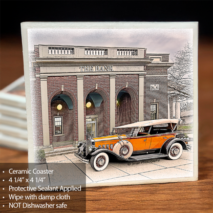 EA Ceramic Coaster - The Bank Image features a vintage car in front of a historic brick bank building. Cork backing and protective sealant included.