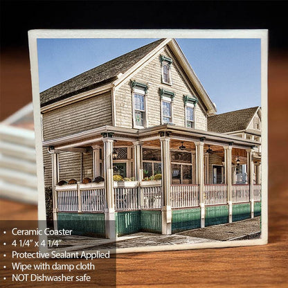 Ceramic coaster featuring The Place Restaurant in Buffalo, NY by Jman Photography. Scratch-free cork backing, ideal for home decor and barware.