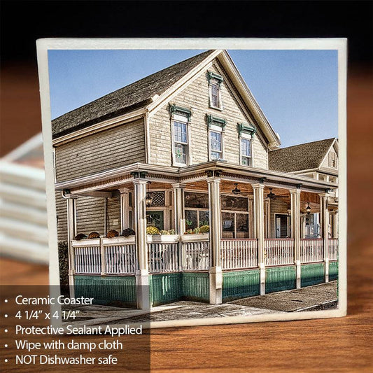 Ceramic coaster featuring The Place Restaurant in Buffalo, NY by Jman Photography. Scratch-free cork backing, ideal for home decor and barware.