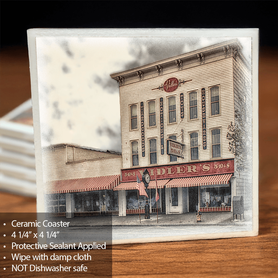 Vidler's Ceramic Coaster featuring a vintage storefront illustration, 4.25-inch square with protective sealant and cork backing for scratch-proof home decor.