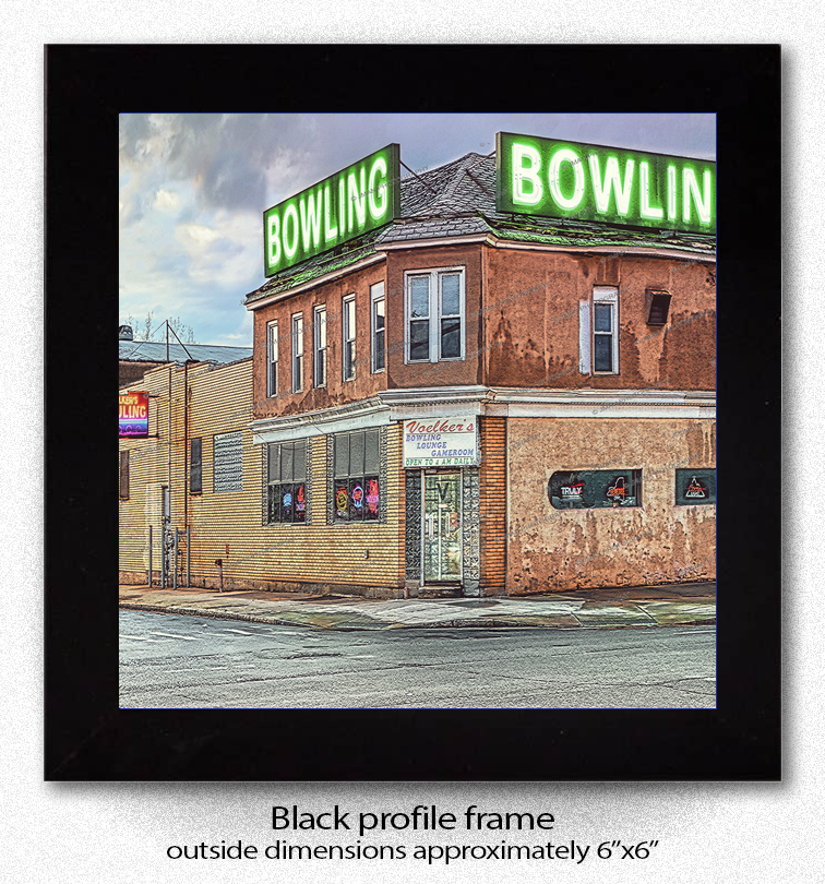 Voelkers Bowling Coaster - Ceramic Coaster | Cork Backing featuring a vintage bowling alley with neon signs in Lockport, NY. Framed 6x6 photo print by Jman Photography.
