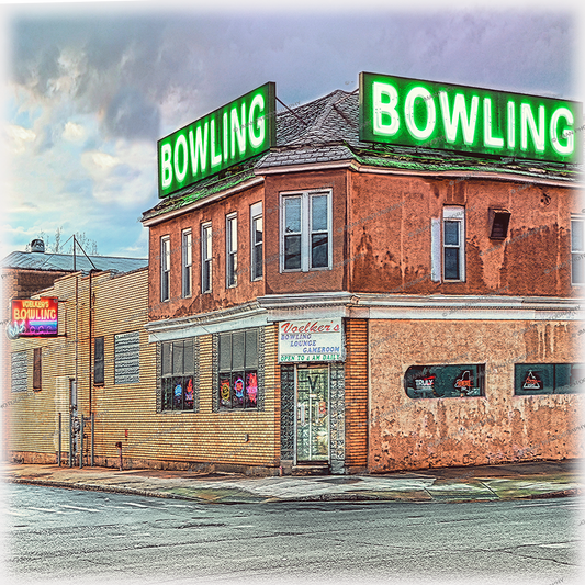 Voelkers Bowling Coaster - Ceramic Coaster | Cork Backing featuring historic Voelker's Bowling building with neon signs, captured by Jman Photography.