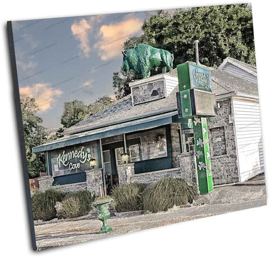 Mounted photo print of Kennedy's Cove restaurant with green buffalo statue, ideal for home or restaurant decor in the Buffalo-WNY region.