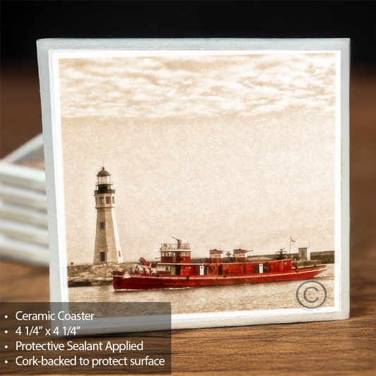 Buffalo Lighthouse with Cotter Fireboat Ceramic Coaster - Buffalo History