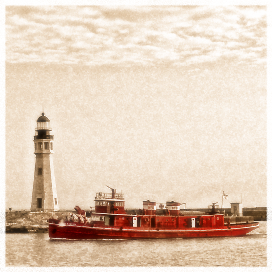 Buffalo Lighthouse with Cotter Fireboat Ceramic Coaster - Buffalo History